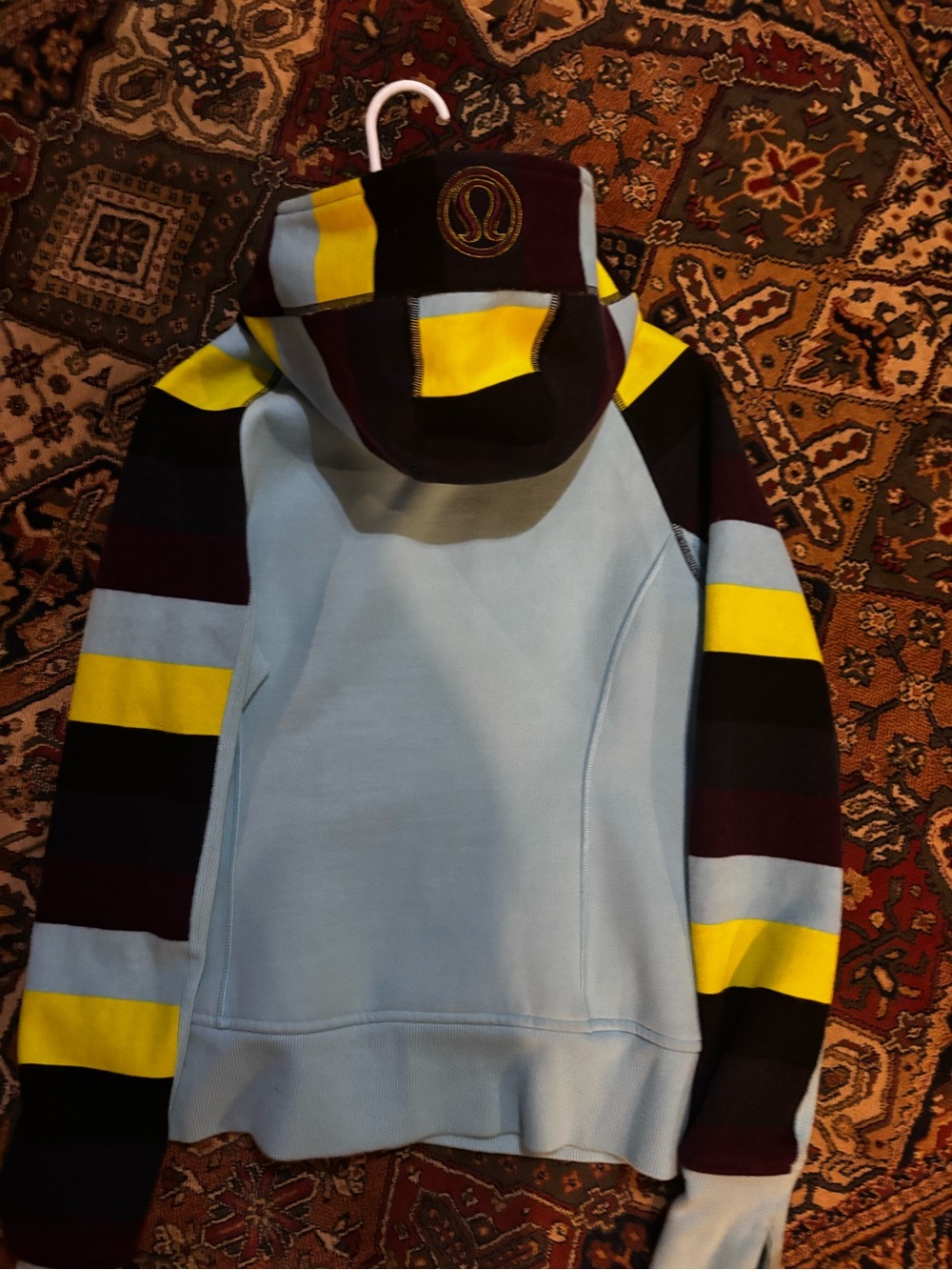 lululemon athletica Light Blue Hooded Zip Jacket with Navy and Yellow Stripes - Picture 2 of 2